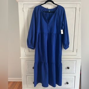 Old Navy Blue Long-sleeve Seersucker All-Day Midi Swing Dress, NWT, Med